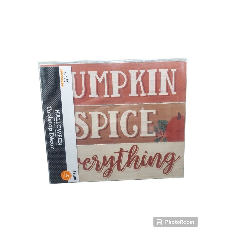 New In Package Celebrate! Pumpkin Spice Everything 3 Wooden Signs Decor Autumn